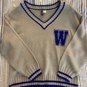 H&M Gray V-Neck Sweater with Blue Trim
